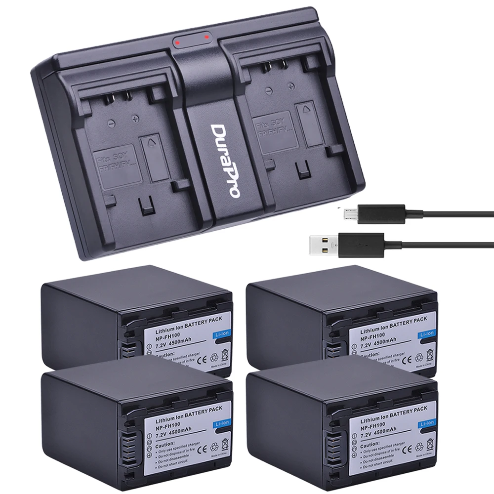 

4x 4500mAh NP-FH100 NP FH100 Camera Li-ion Battery + USB Dual Charger For Sony DCR-SX40 SX40R SX41 HDR-CX105 SR42E SR45E Bateria