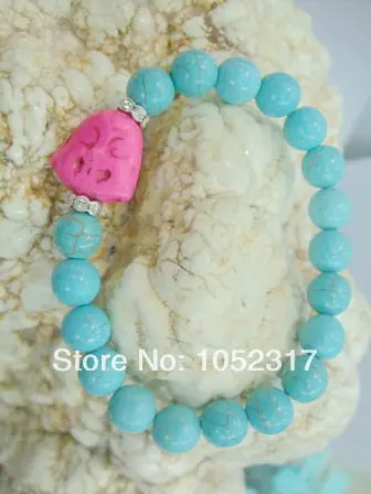 

5pcs 10mm Stone howlite Bead inlay Pink Buddha Head Shining Rhinestone Bracelet Elasticity Adjustable Style