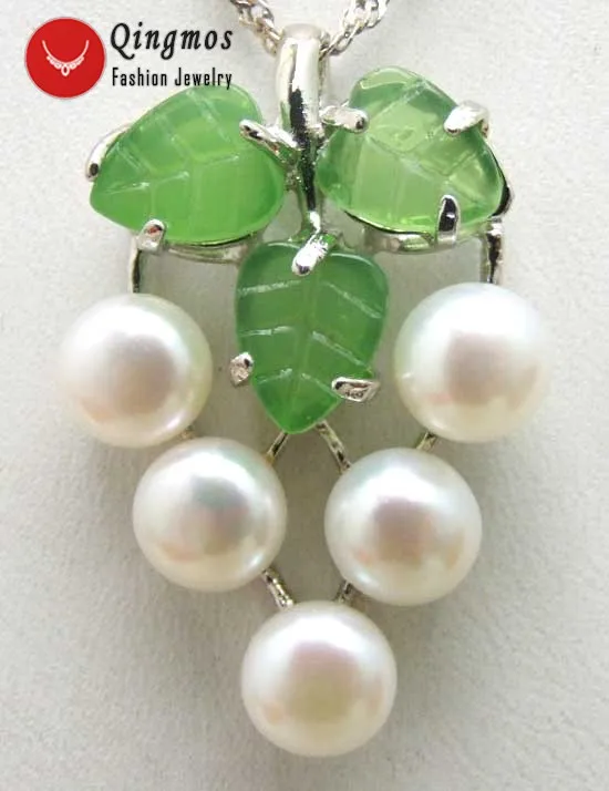 

Qingmos Trendy Natural Pearl Pendant for Women with 7-8mm White Flat Round Pearl 24*34mm Green Leaf Pendant Fine Jewelry pe212