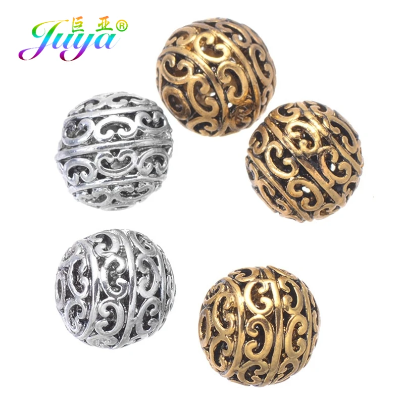 Juya 20pcs/Lot Wholesale Antique Gold/Silver Plated Hollow Decorative Charm Beads For Needlework Beadwork Jewelry Making