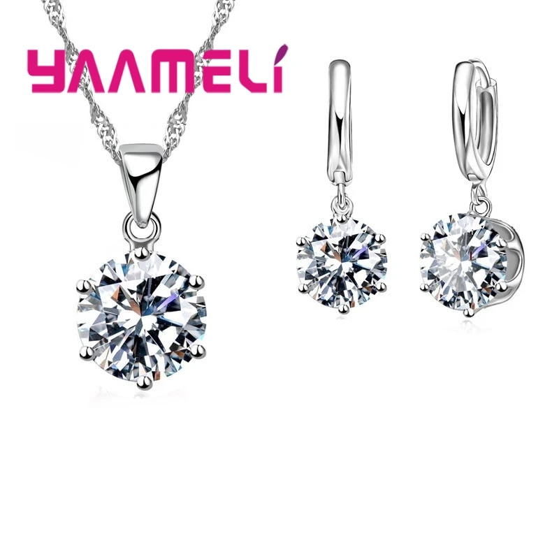 925 Sterling Silber Schmuck Geschenk Set 17 Farben Cubic Zirkon Anhänger Halskette Halskette Kristall Frauen Hochzeit Engagement Zubehör