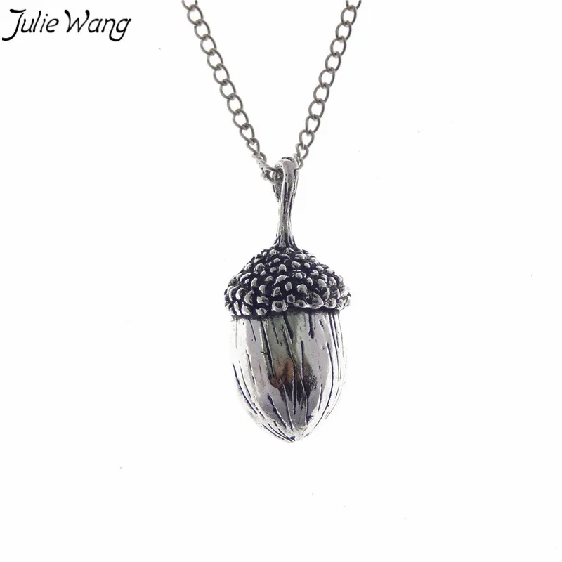 Julie Wang 1PC Antique Silver Color 3D Vivid Acorn Oak Nut Pendant Necklace Fashion Women Long Jewelry 80cm Metal Link Chain