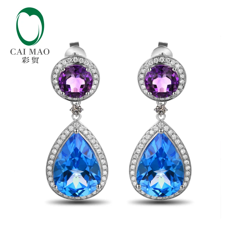 Special Earrings 14KT Gold 12.35ct Natural Topaz and Amethyst Diamond Classicl Drop Earrings