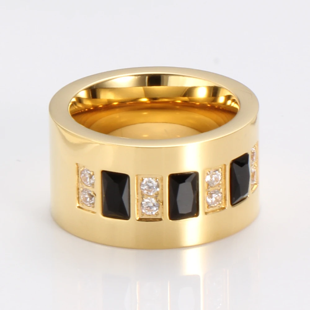 Gold Color Stainless Steel White/Black CZ Zircon Channel Setting Wedding Ring for Women