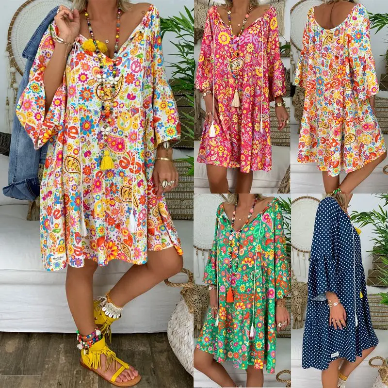 Summer Women Sexy Boho Floral Print Long Sleeve Deep V Dress Casual Loose Holiday Beach Shirt Dress Ladies Pullover Mini Dress