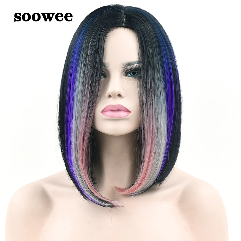 Soowee Synthetic Hair Black To Gray Purple Ombre Hair Short Bob Short Wigs for Women Straight Hair Cosplay Wig Wigs-female