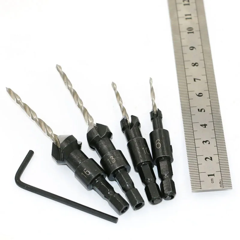 4PCS Countersink เจาะชุด Bit ช่างไม้ Quick Change Hex Shank #6 #10 #13 #16 ไม้เครื่องมือเจาะ E4