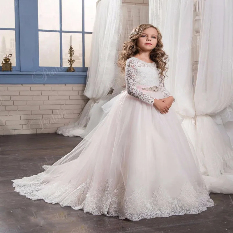 Lovely Flower Girl Dresses for Wedding Pink Lace Tulle Long Sleeve Ball Gown Princess Birthday Party Gown First Communion Dress