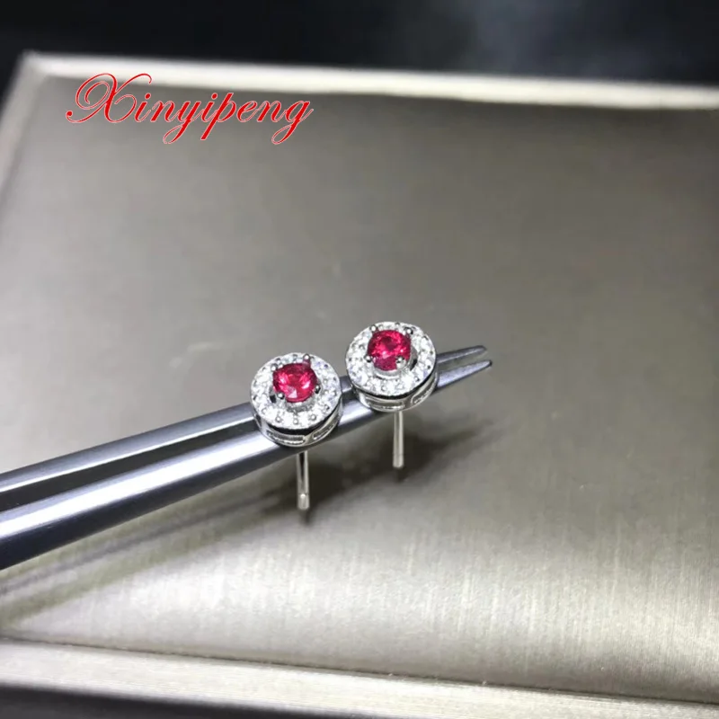 

Xin yi peng 925 silver plated white gold inlaid natural ruby stud earrings, women stud earrings, anniversary birthday gift