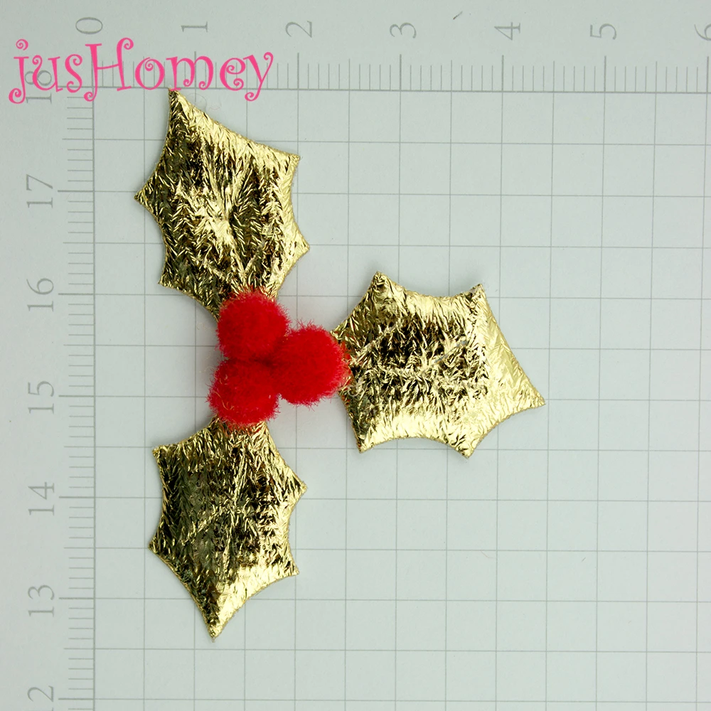 100pcs Glitter Christmas Holly Appliques 50x45mm Gold, Green Holly Leaf w/ Red Pompom Berry for Christmas Decoration, Scrapbook