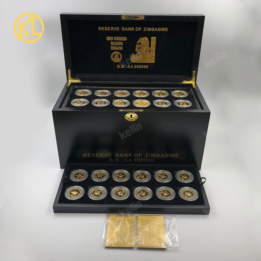 Free Fedex IE Shipping Zimbabwe Gold plated Metal Bar wooden box set with nice gold bar certificates Gold coin for VIP Gifts