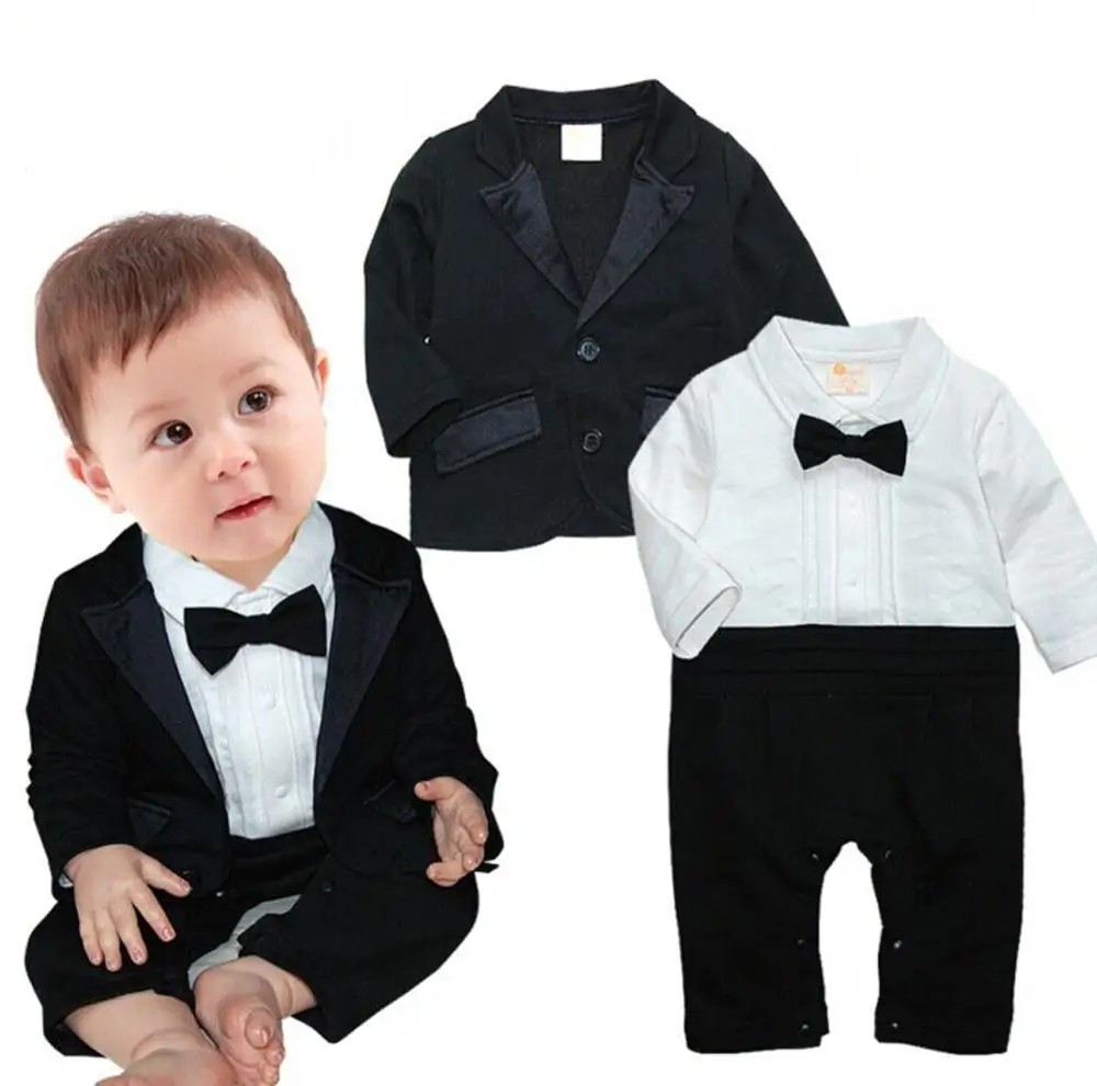 LOLANTA 2 szt. Boys Baby czarny smoking weselny garnitur na przyjęcie formalna odzież kostium Onesies + płaszcz