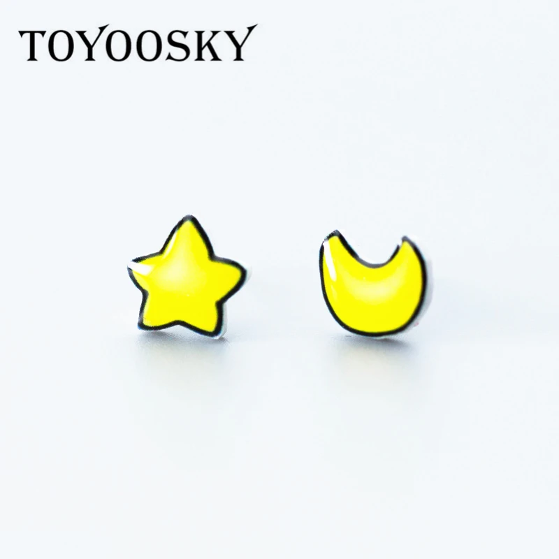 New Style Real 925 Sterling Silver Needle Yellow Color Star Moon Asymmetry Plastic Stud Earrings For Girls Jewelry Brincos