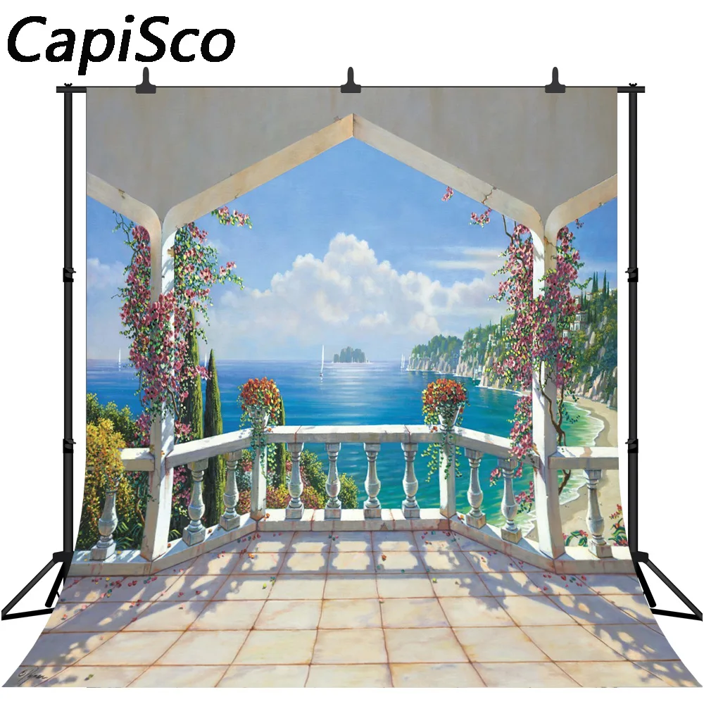 Capisco Seaside Palace Pavilion Garden Landscape Photography Backgrounds For Photo Studio Wedding Custom Backdrops Props