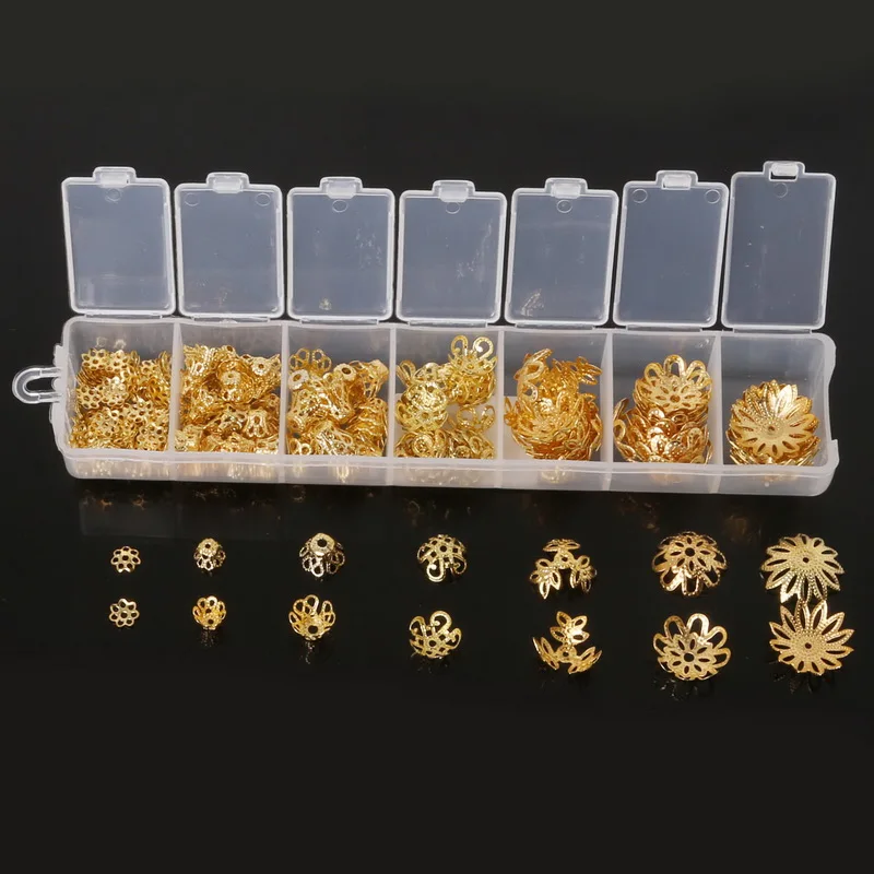 300Pcs 6-16Mm Rhodium/Vergulde Hollow Flower Bead Caps Box Sieraden Maken Kit Filigraan Cup set Diy Tassel Charms Accessoires