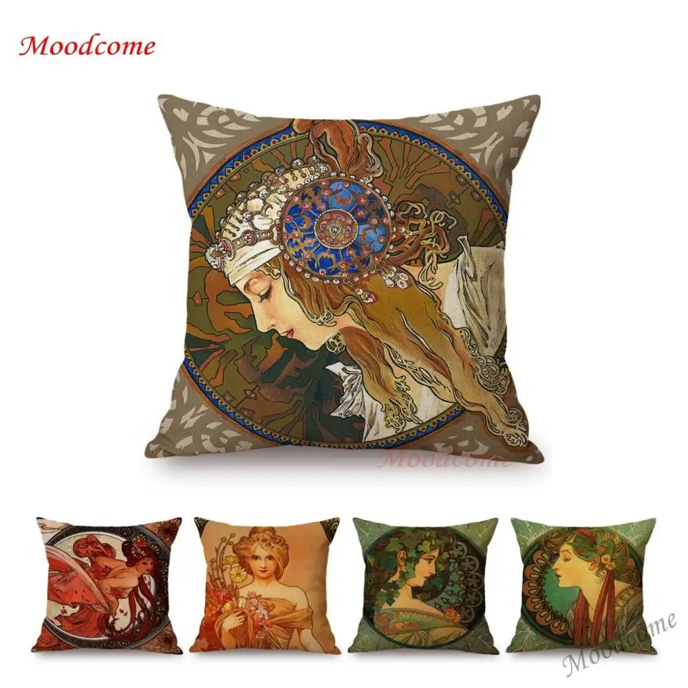 Vintage European Art Nouveau Mucha Gallery Decorative Sofa Pillow Cover Beautiful Beauty Girl Cotton Linen Luxury Cushion Cover