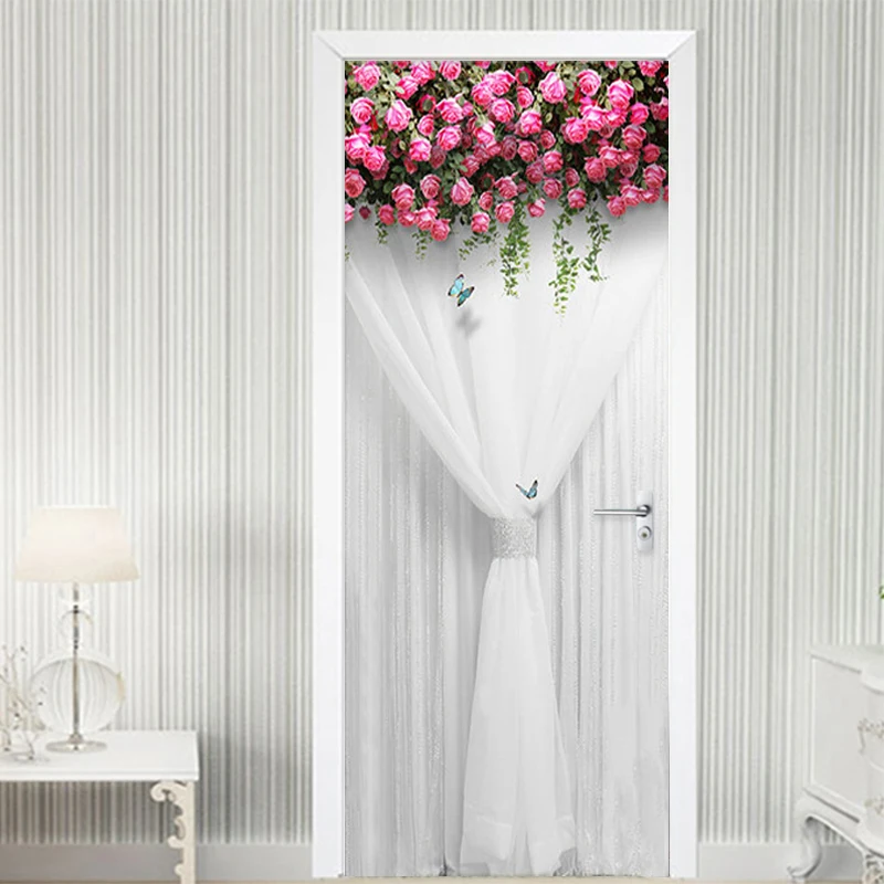 

Romantic Rose Curtain Door Sticker 3D Wedding House Home Decor Door Decals PVC Self-Adhesive Waterproof Wallpaper Vinyl 3D Paste