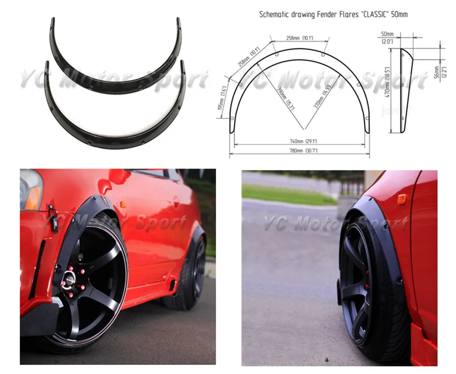 Flexible ABS Plastic Polyurethane Black Glossy Wide Fender Flare Wheel Arch 2 inch (50mm) 2pcs Fit For Universal JDM Model