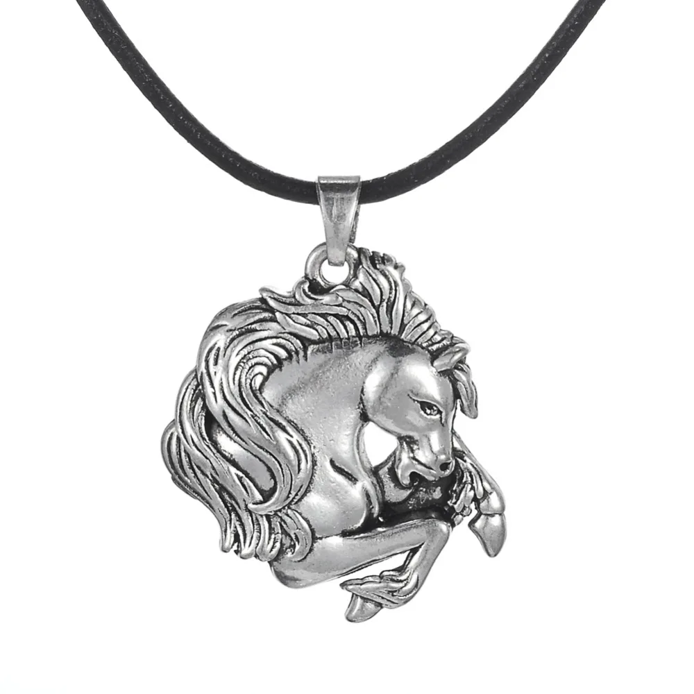 my shape Vintage Silver Plated Horse Pendant Charm Horse Lover Necklace Leather Cord for Men & Boy