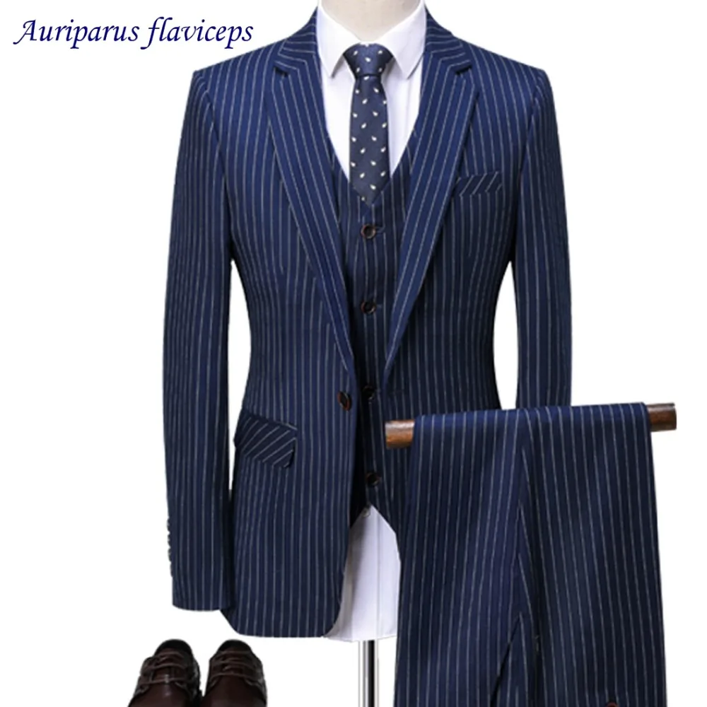 

2023 Navy blue Man Suits With White Striped Groom Tuxedos Groomsman Suit Business Suit Tailored Wedding Suit (Jacket+pants+vest)