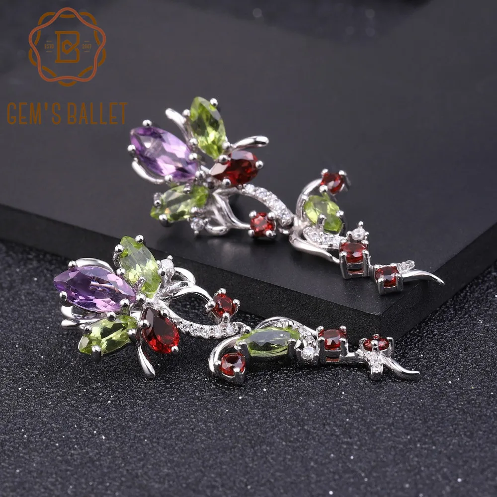 GEM'S BALLET 925 Sterling Silver Vintage Drop Earrings Flower Multicolor Natural Peridot Amethyst Garnet for Women Fine Jewelry