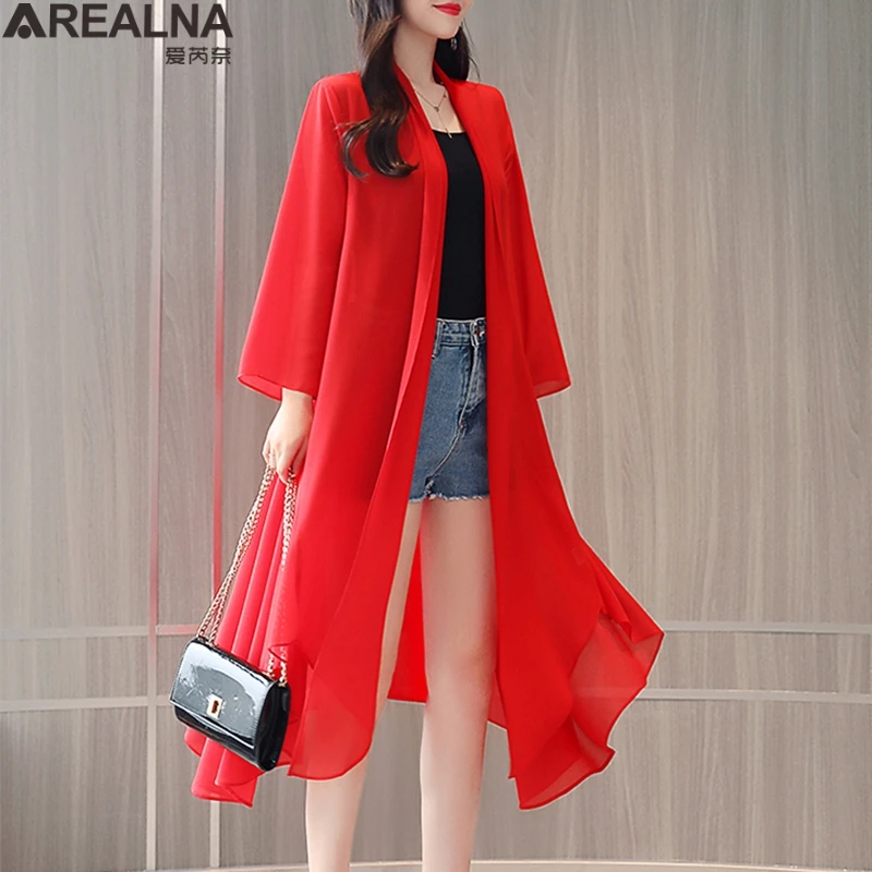 Chiffon Blouses Woman Fashion 2022 Summer Kimono Cardigan Beach Long Black Red White Blouse Women Irregular Sunscreen Cape Shirt