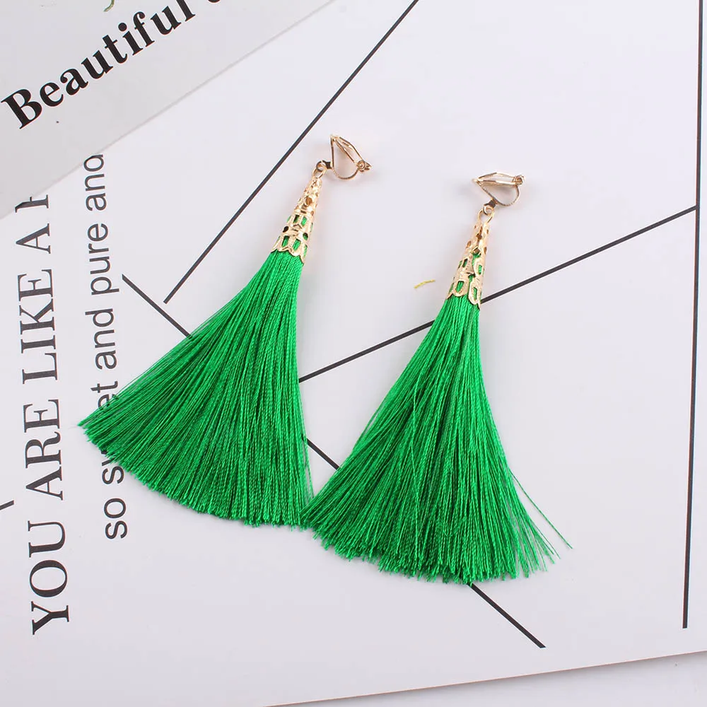 Bohemia Ethnic Long Tassel clip on earrings Women Brand Jewelry Geometric Alloy Plating Simple Dangle Without Pierced Ear Clip