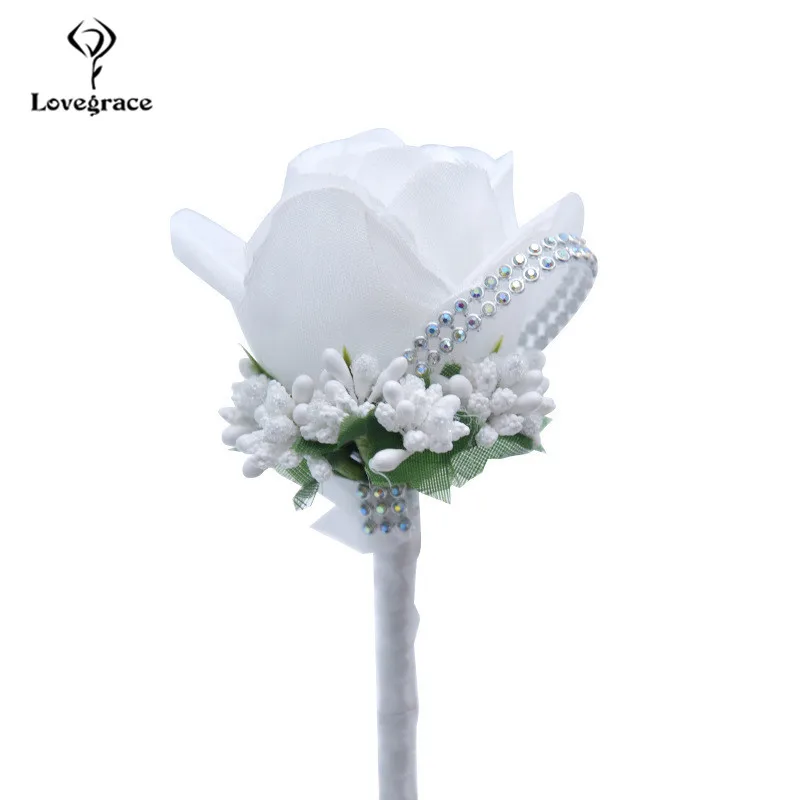 Bride Groom Corsage Artificial Silk Rose Boutonniere Wrist Flower Blue Pin Brooch Wedding Decoration Stamen Diamond White Flores