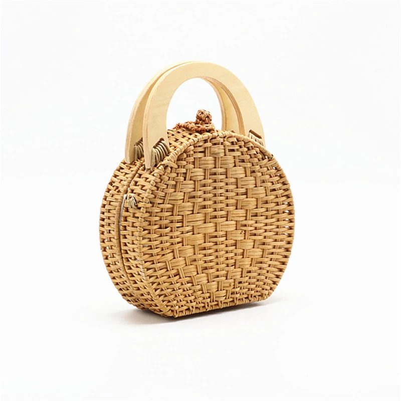 Straw Handbag Women Wooden Hand-Woven Top-Handle Beach Bag Circular Knitting Bags Travel Tote Straw Bags For Women Crossbody Bag