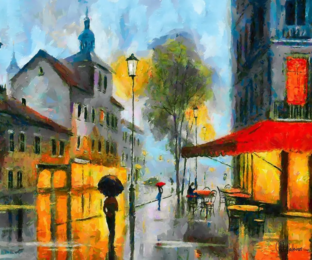 Cafe on a Rainy Day by Celito Medeiros Canvas Wall Oil Paintings for Living Room Street Scenes Abstract Art Pictures Home Decor