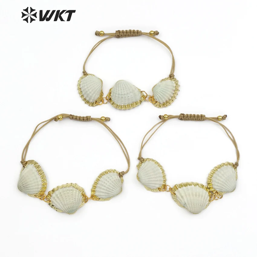 WT-B442 WKT Natural scallop shell bracelet handmade rope chain with 3 gold rimmed white shell for women making boho jewelry