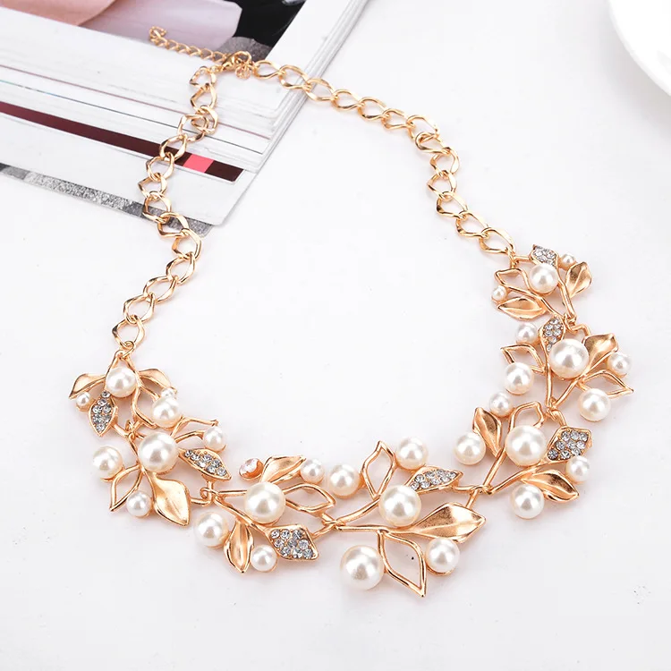 Simulated Pearl Jewelry Set Leaves Necklaces & Pendants Statement Necklace Earrings Set Gold Color Bridal Jewelry Sets For Women