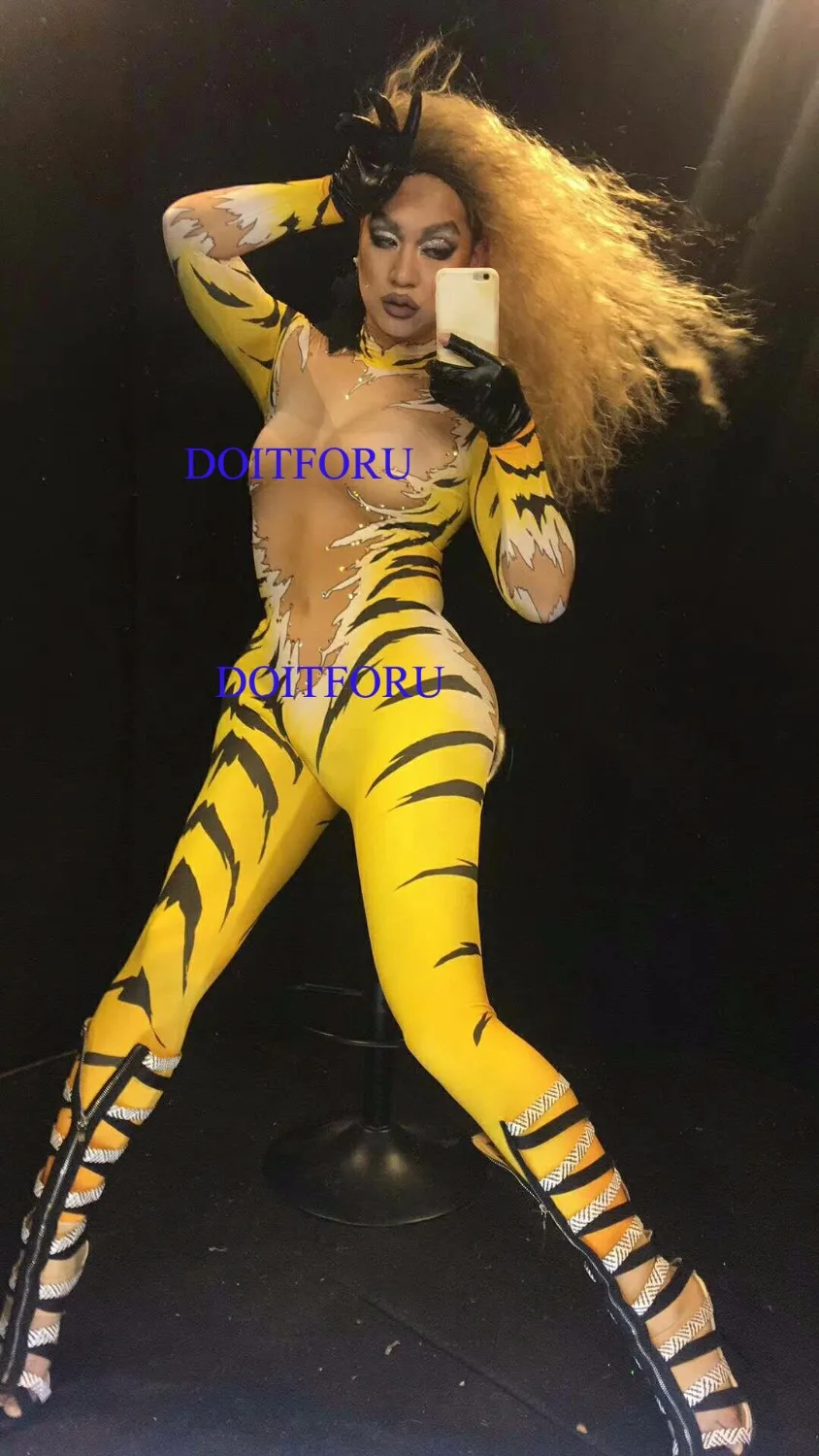 Sexy Tiger Pattern Printed Bling Rhinestone Rompers Nightclub Singer Show Costume Celebrate outfit Cosplay Jumpsuit Stage Wear