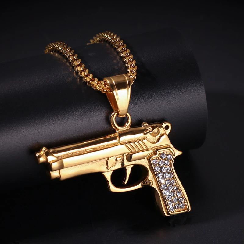 Hip Hop Rhinestones Paved Gold Color Stainless Steel Desert Eagle Automatic Pistol Gun Pendants Necklace for Men Rapper Jewelry