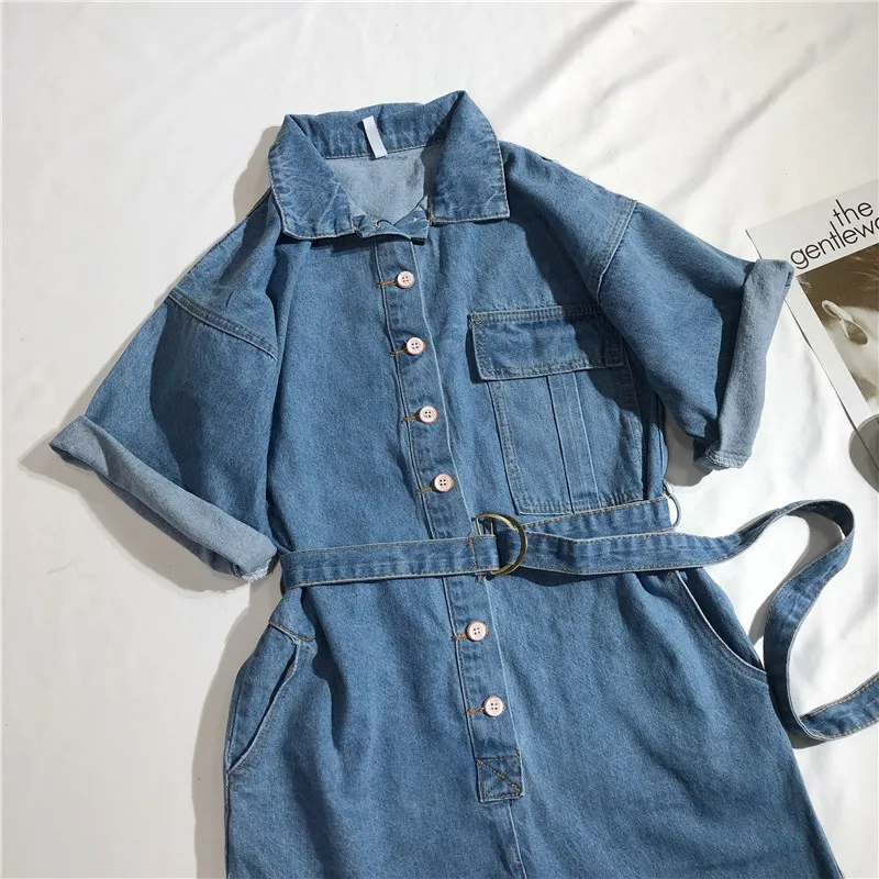 Wanita Kasual Denim Musim Panas Baju Monyet Pinggang Tinggi Keseluruhan Bf Lebar Kaki Jumper Kerah Saku Celana Pendek Jumpsuit Playsuit Baju