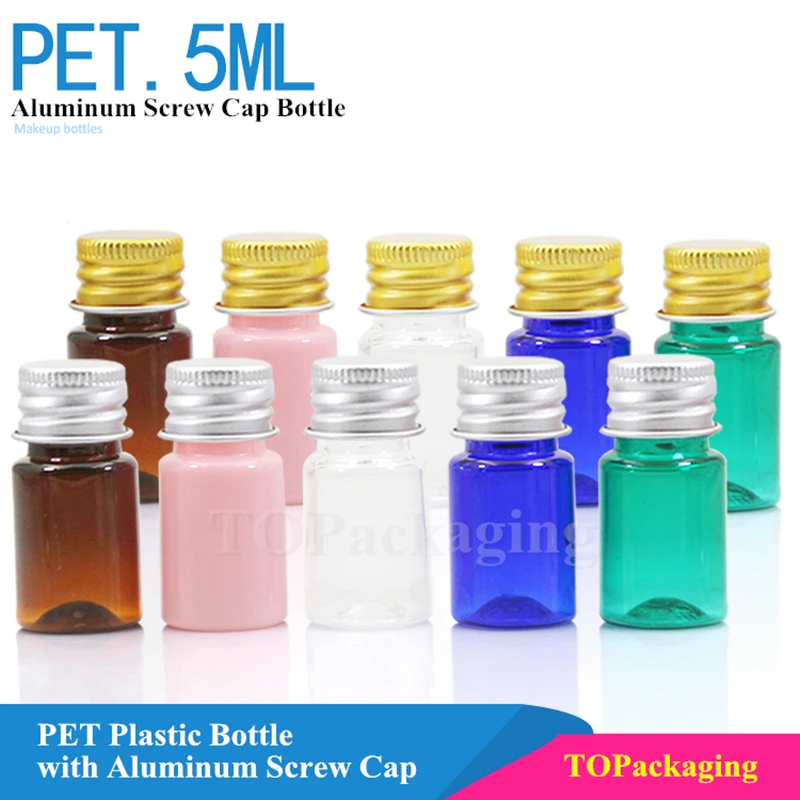 100PCS*5ml Screw Cap Bottle Aluminum Lid Empty Plastic Cosmetic Container Small Sample Lotion Essential Oil Makeup Refillable