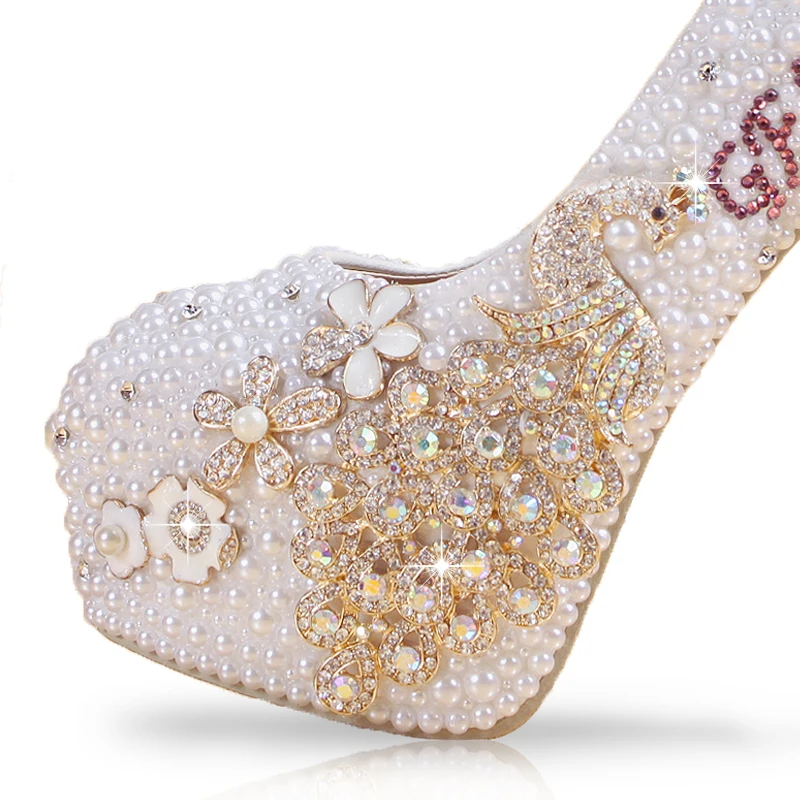 Crystal wedding shoes pearl handmade bridal shoes women\'s Pumps peacock rhinestone female high heels platform shoes big size