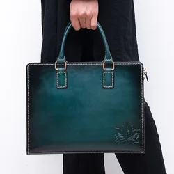 Handmade Bussiness Men Handbags Genuine Leather Casual Totes Handbag Messenger Computer Bag Blackish Green Sac a Main