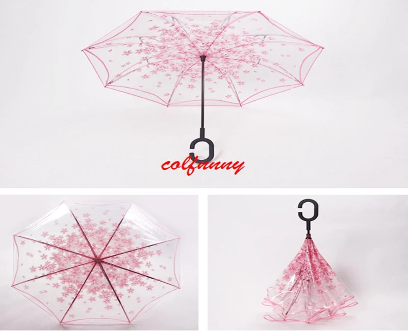 20pcs/lot Transparent Reverse Umbrella Double Layer Cherry Blossoms Inverted Umbrella Rain Women C-handle Windproof  F052909