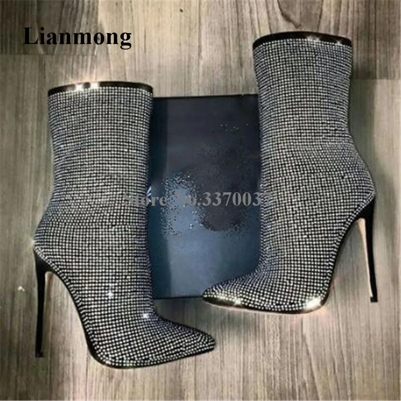 

Women Unique Style Pointed Toe Bling Bling Rhinestone Thin Heel Short Boots Black Beige Crystal High Heel Ankle Boots Club Shoes