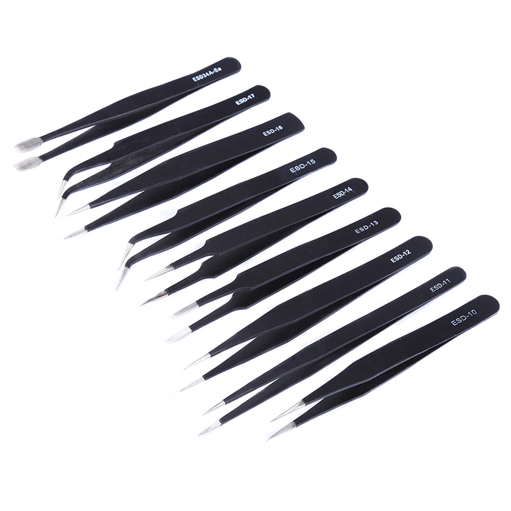 

9pcs/lot Stainless Steel ESD Tweezers Precision Pinzas Pinzette Industrial Tweezer Electronic Phone Repair Tools