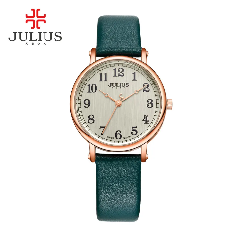 JULIUS Ladies Watches Top Brand Luxury Dark Green Simple Casual Dress Leather Strap Silver Rose Gold Arabic Number Montre JA-949