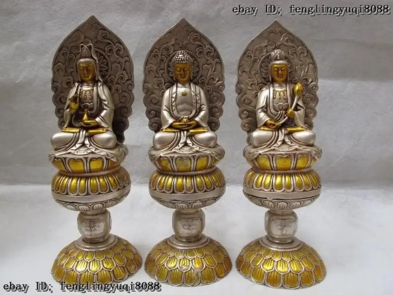 Tibet Copper Silver Gilt Three Saints of the West Guan Yin Buddha Statue Set