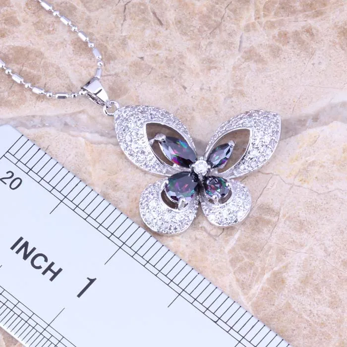 Attractive Butterfly Rainbow Cubic Zirconia White CZ Silver Plated Earrings Pendant Necklace Fashion Jewelry Sets S0732