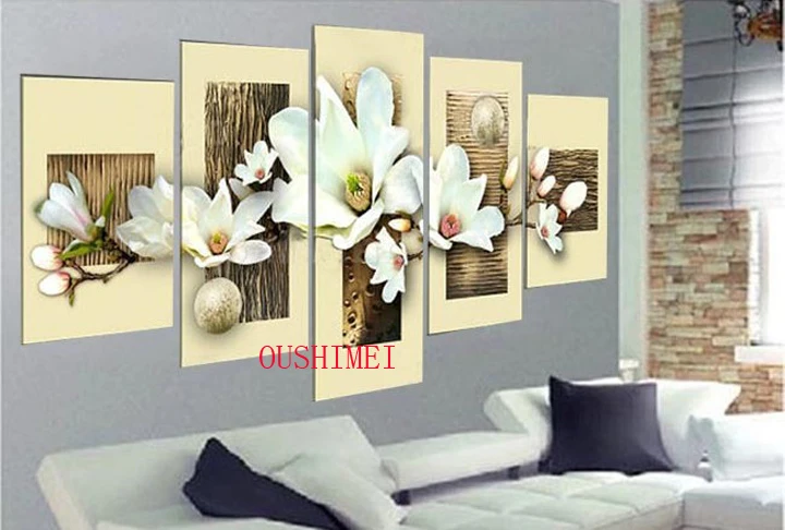 

Hand Painted 5Pcs Picture On Canvas Group Of White Flower Oil Painting No Frame For Living Room Decor Wall Art Picture