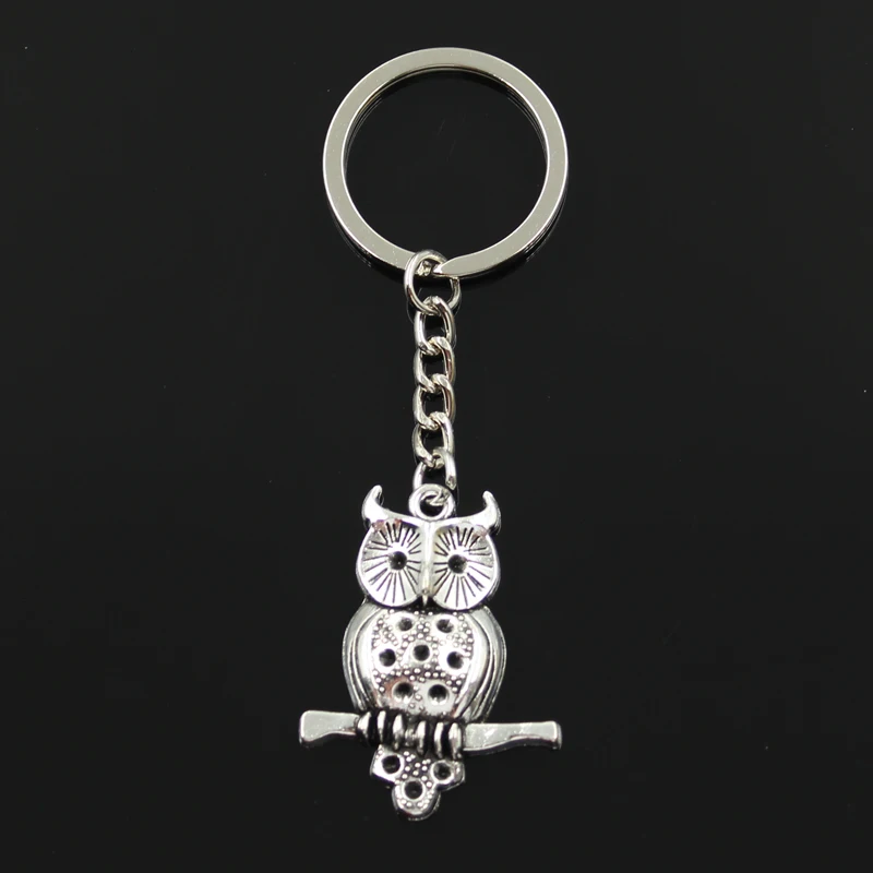 

Fashion 30mm Key Ring Metal Key Chain Keychain Jewelry Antique Silver Color Plated Owl Standing Branch 40x31mm Pendant