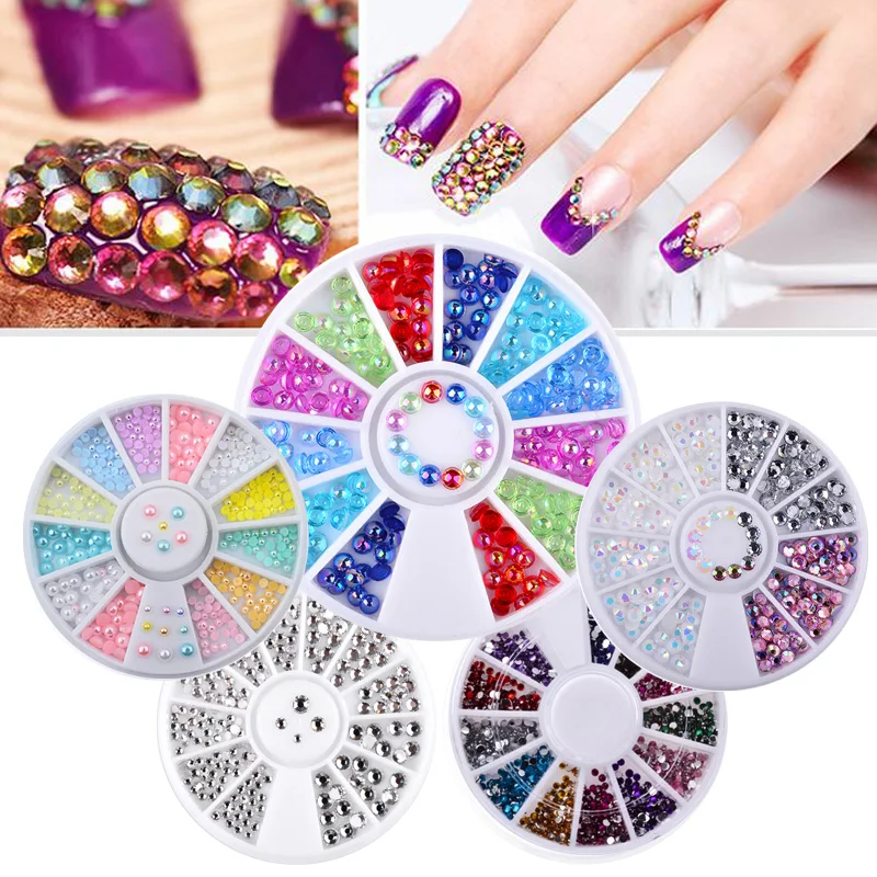 Strass pailletés colorés AB pour ongles, 1 boîte, perles de charme 3D, décorations en roues pour gel UV, accessoires de Nail Art, DIY