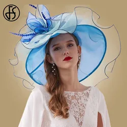 FS Royal Blue Wedding Church Hats For Women Elegant Large Wide Brim Fedoras Big Flower Feather Party Pink Kentucky Derby Hats