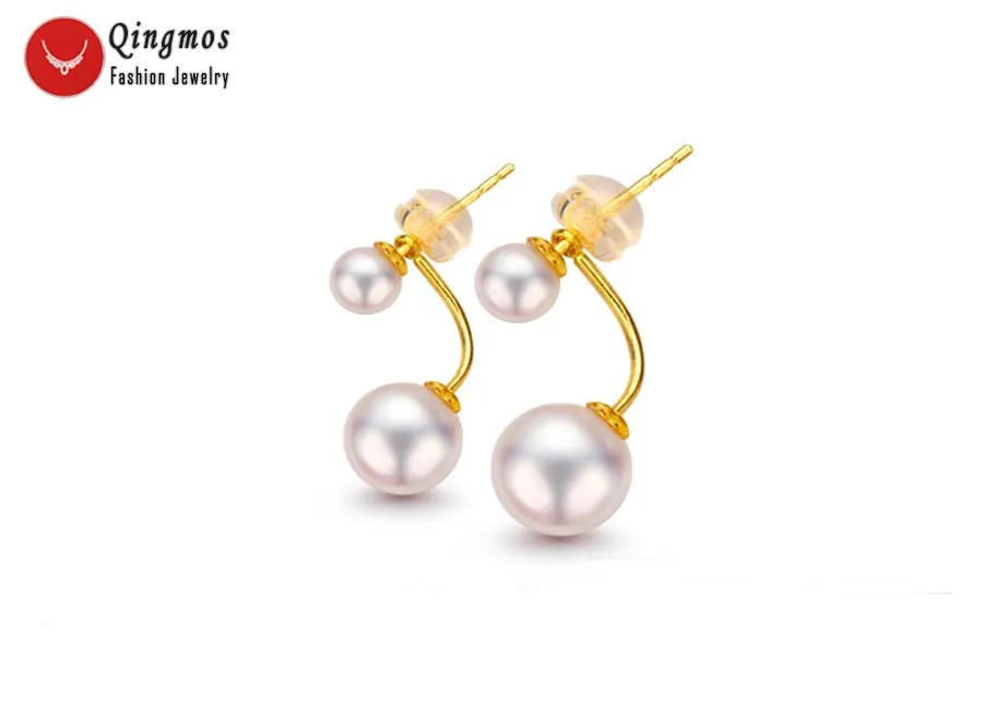 

Qingmos AAA White 6-8mm Round Natural Pearl Double Front Back Earrings for Women & Solid Gold Ear Stud Fine Jewelry Aretes 694