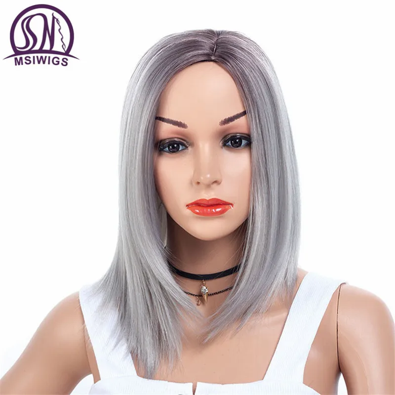 MSIWIGS Black Blonde Short Straight Wigs Synthetic Women Wig Grey Light Root Natural Ombre Hair Wig Heat Resistant